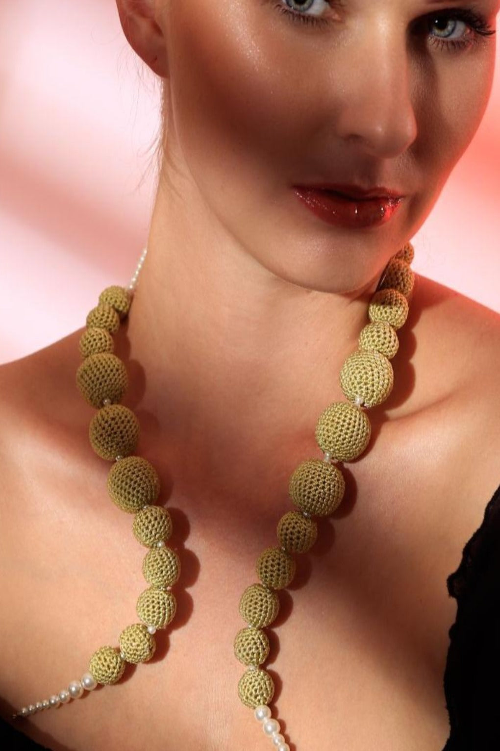 Crochet Asymmetrical Gold Pearl Necklace